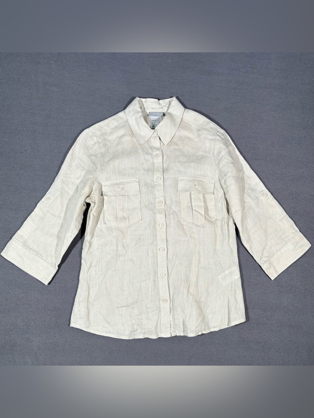 H&M Modern Classic 100% Linen 3/4 Sleeve Roll Tab Button Up Shirt Women’s Size 6